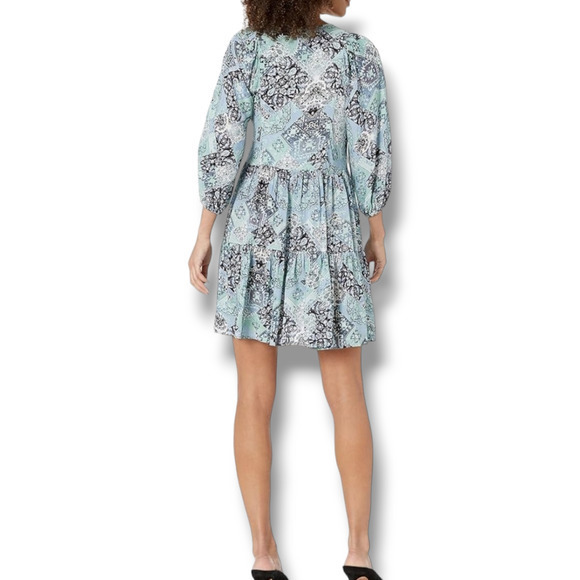 NEW Calvin Klein Women's‎ Floral Geo Print Blouson Puff Sleeve A Line Dress Blue - Picture 2 of 14